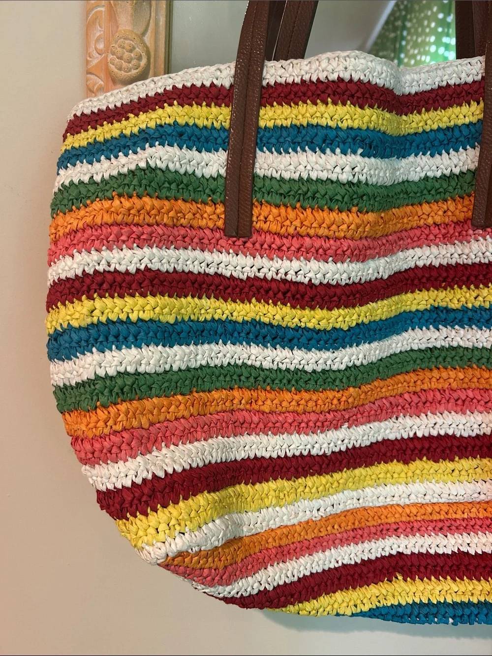 J. Crew Multicolor Striped Crochet Tote Bag with Brown Handles - Picture 5 of 10